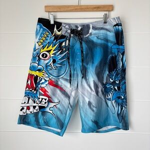 Ed Hardy 10" Board Shorts with Bold Dragon Graphic Size 34